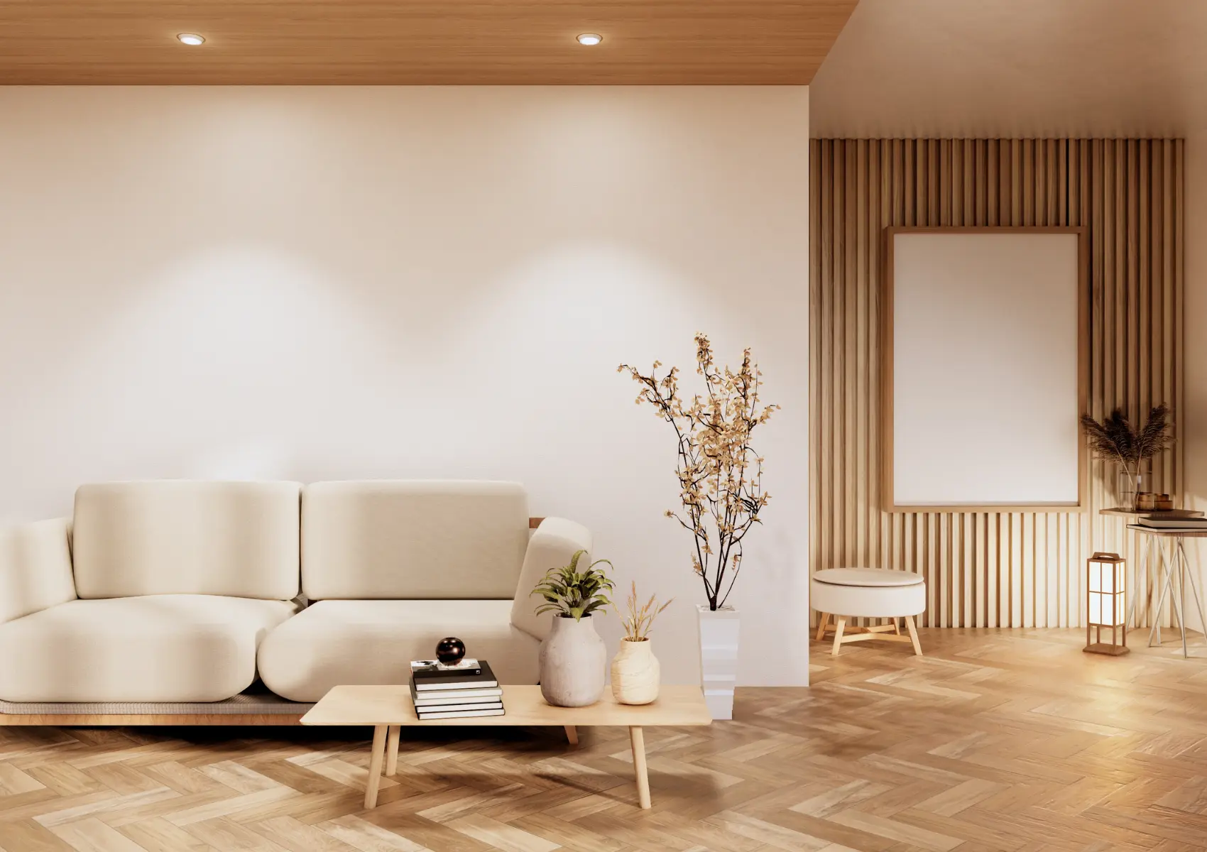 Scandinavian-style living room with a cream sofa, timber coffee table, herringbone floor and slatted partition