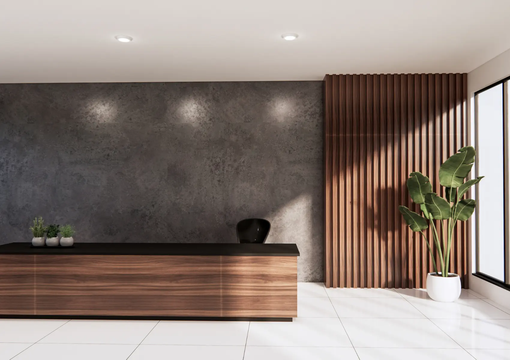 Timber reception desk against a textured concrete wall