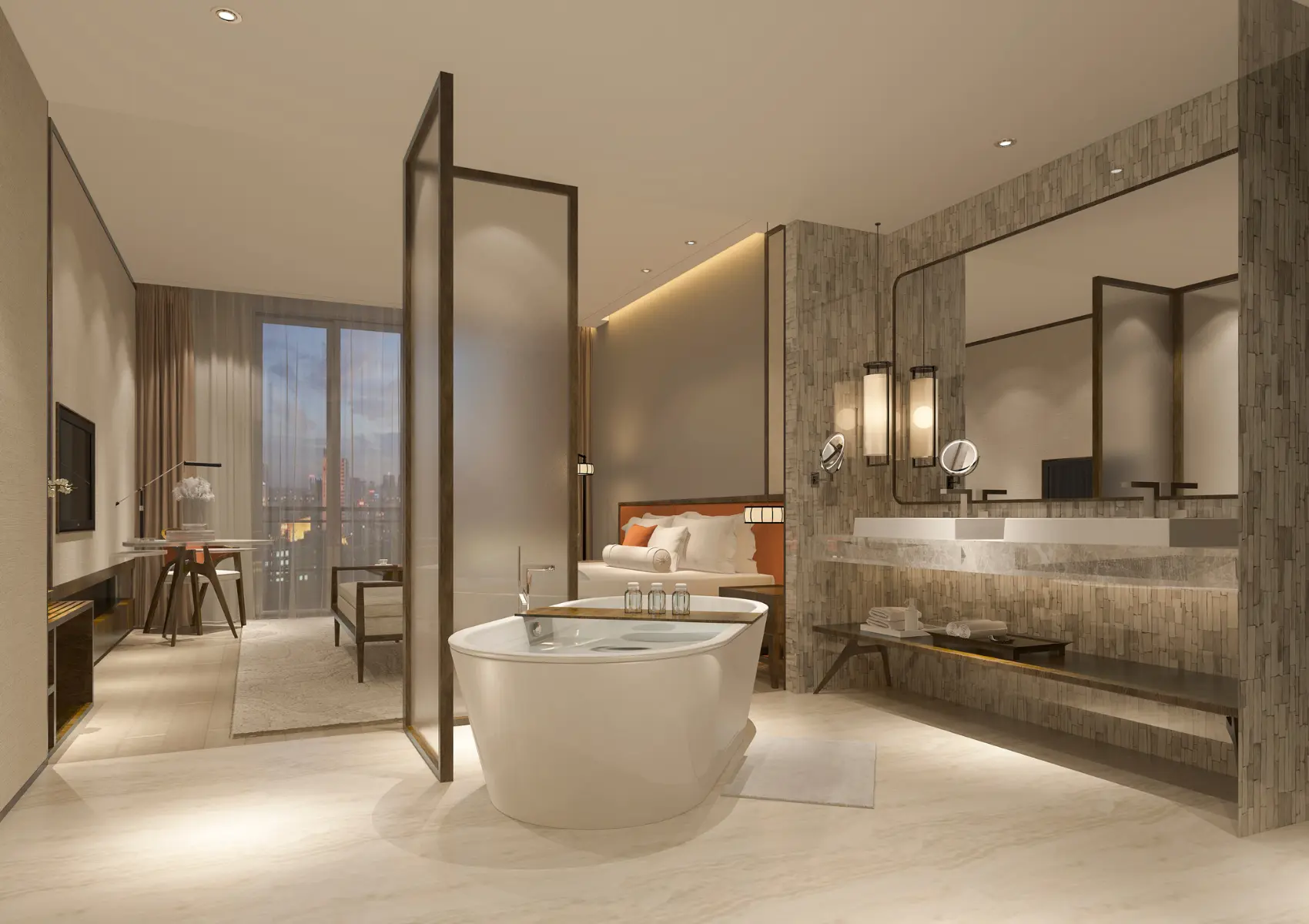 Hotel suite bathroom with a white freestanding bath, glazed shower enclosure and stone-lined vanity