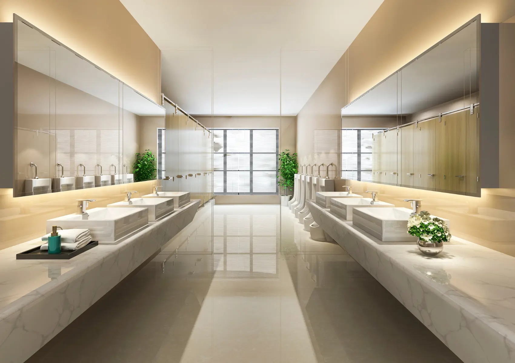 Commercial washroom with facing rows of basins, illuminated mirrors and a glazed end wall