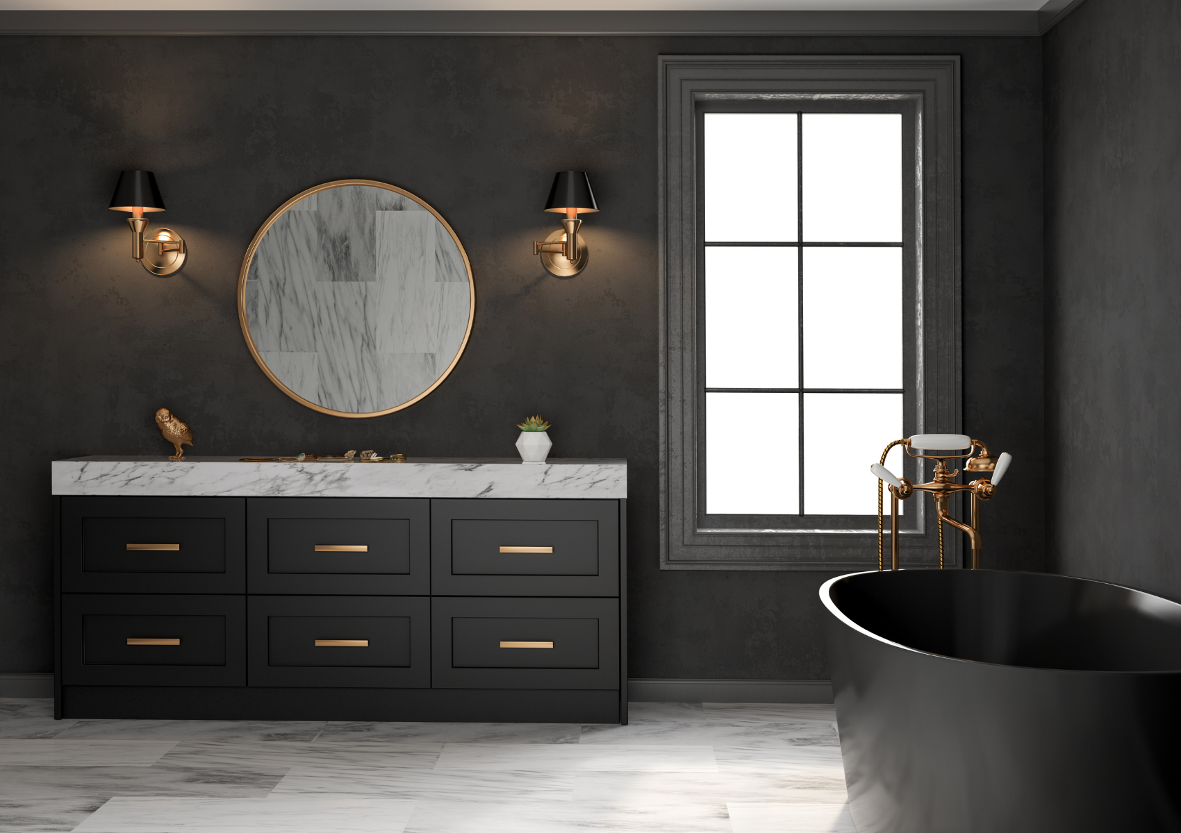 Dark bathroom with a black freestanding bath, double vanity, round mirror and brass wall lights