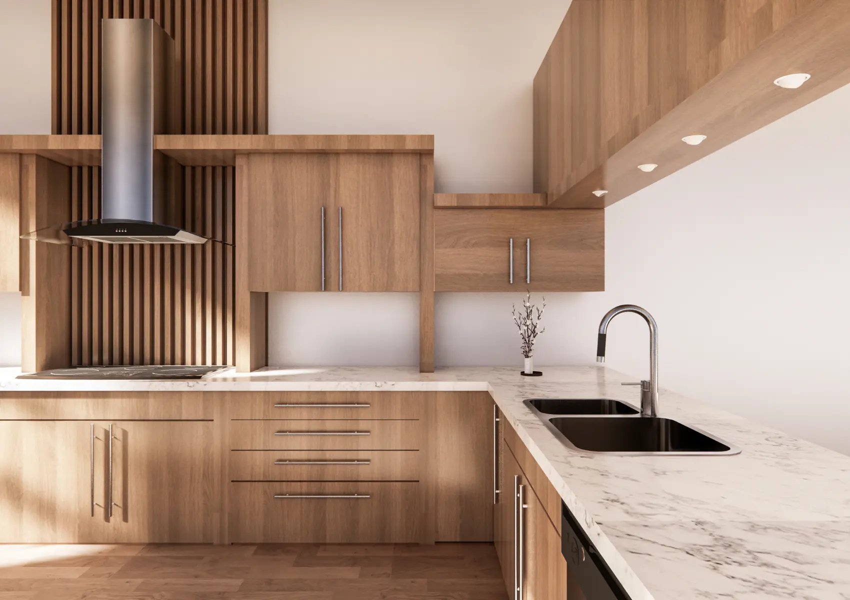 Timber kitchen detail showing slatted cabinetry, a black extractor hood, pale worktop and inset sink