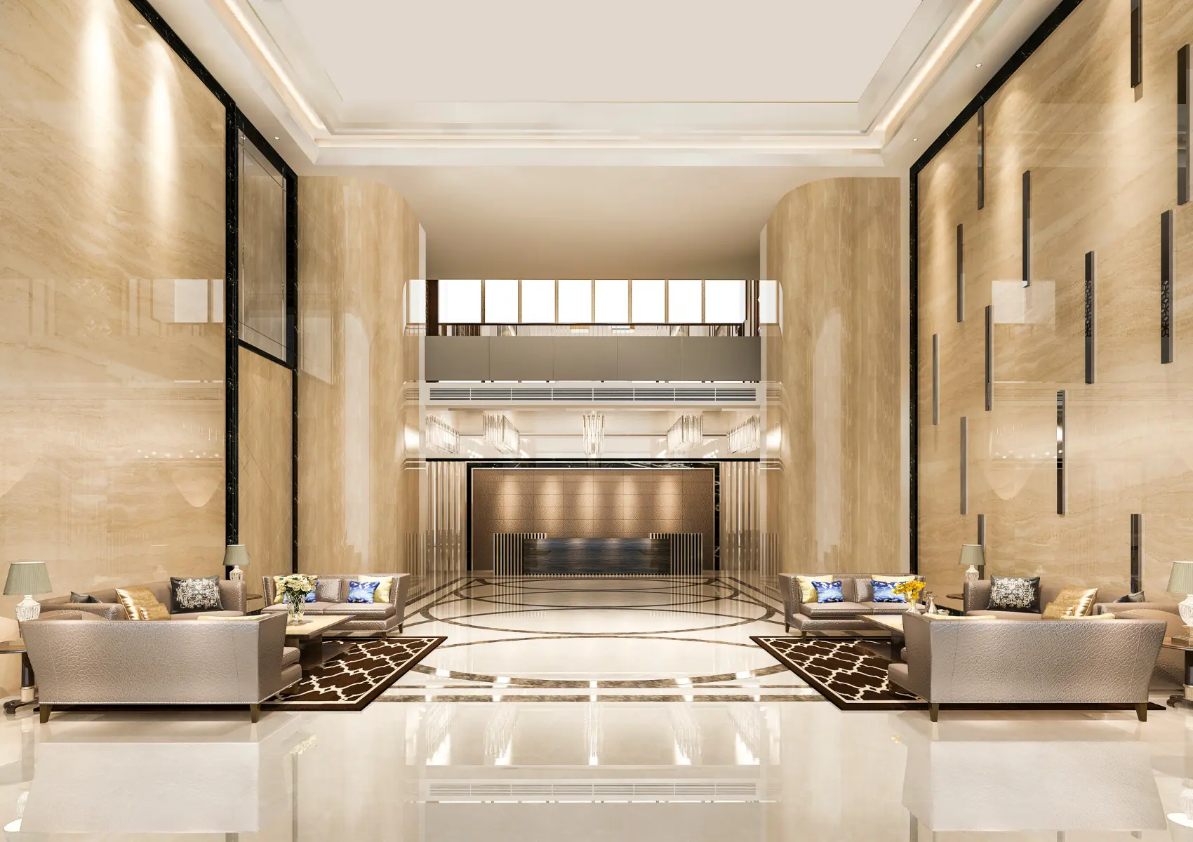 Double-height hotel lobby with pale stone walls, paired lounge seating and a central reception desk